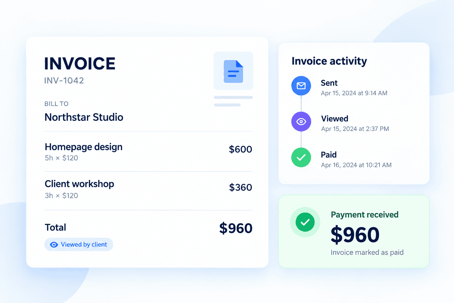 Invoice sent, viewed by the client, and marked as paid